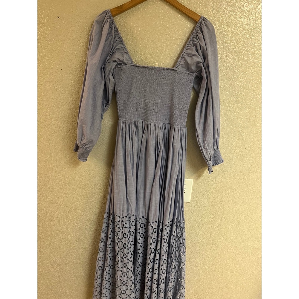 Free People Perfect Storm Madi Dress Blue Smocked Eyelet Floral Puff Sleeve - Picture 5 of 10